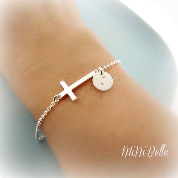 Cross Bracelet. Initial Bracelet. Sideways Cross Initial Bracelet