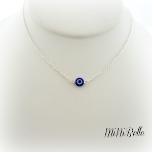 Sterling Silver Blue Evil Eye Dainty Necklace. Petite Blue Eye Silver Necklace, Choker Necklace. Silver Choker