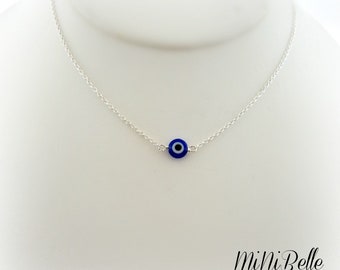 Sterling Silver Blue Evil Eye Dainty Necklace. Petite Blue Eye Silver Necklace, Choker Necklace. Silver Choker