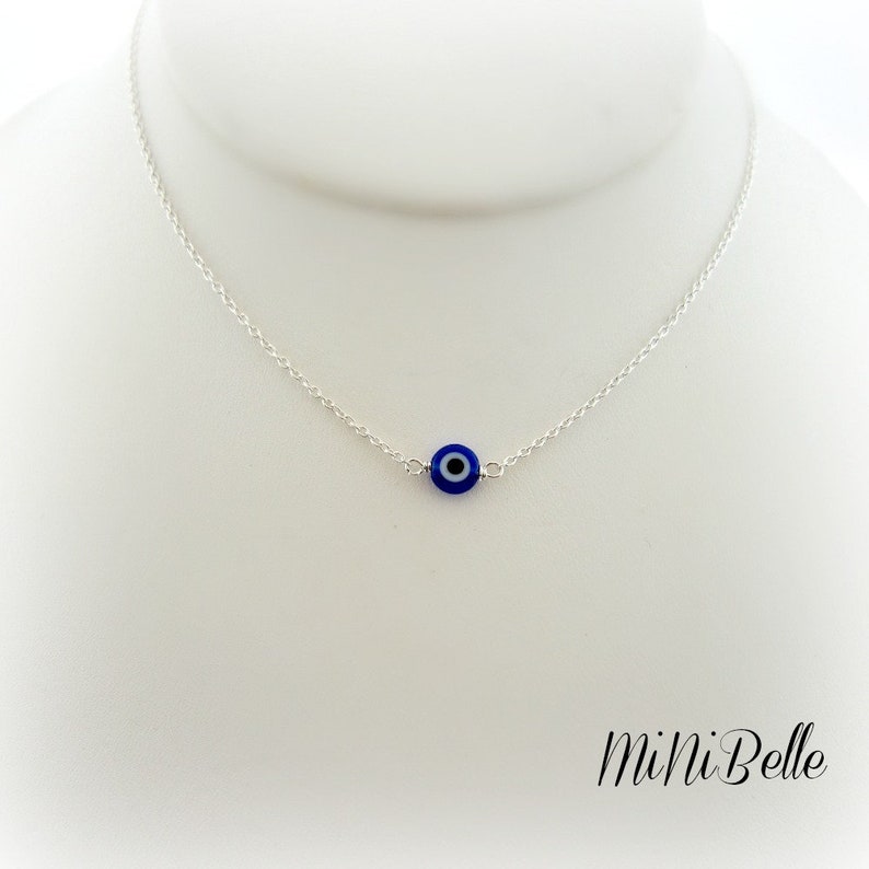 Sterling Silver Blue Evil Eye Dainty Necklace. Petite Blue Eye Silver Necklace, Choker Necklace. Silver Choker image 1