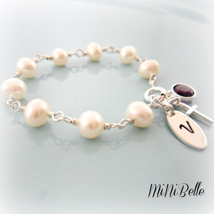 Baby Pearl Bracelet. Birthstone Bracelet. Cross Bracelet. Rosary Bracelet. Personalized. Baptism. Christening Bracelet