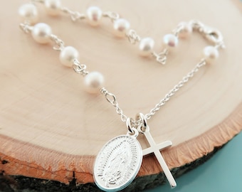Sterling Silver Rosary Bracelet. Catholic Rosary Bracelet. Our Lady of Guadalupe Rosary Pearl Bracelet. Virgin Mary Rosary Bracelet. Rosario