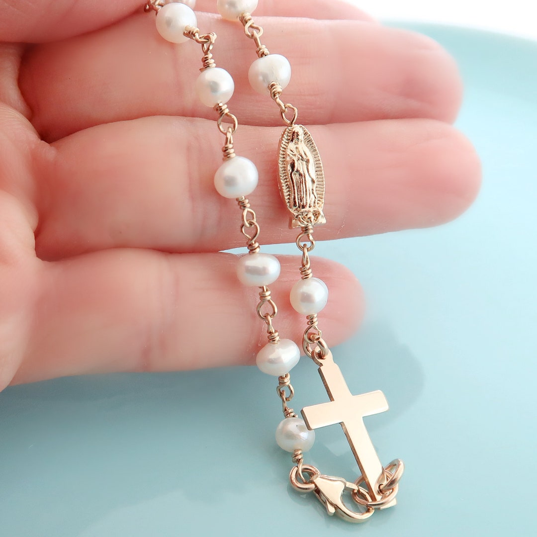 Rosary Bracelet. Gold Filled White Pearl Rosary Bracelet. Religious