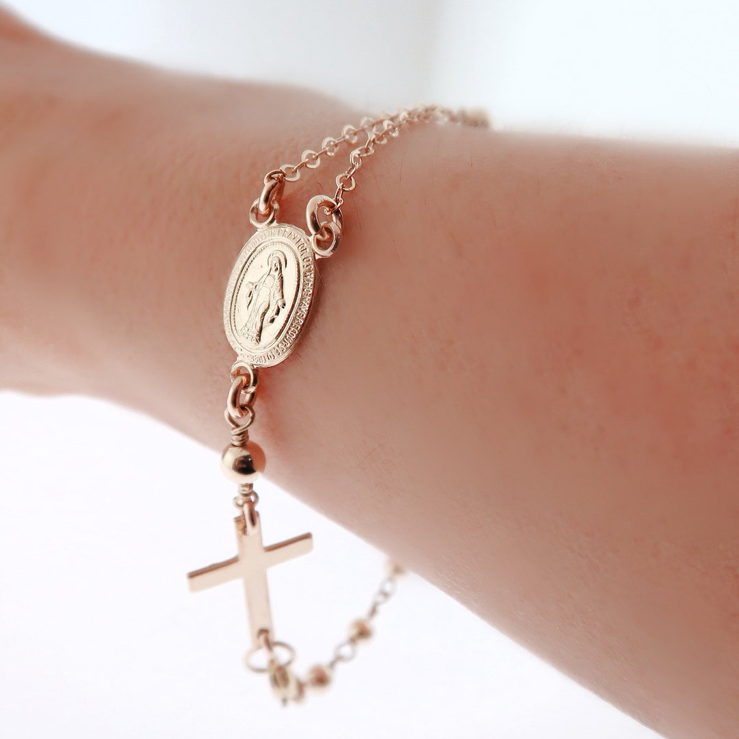 Rosary Bracelet. Gold Rosary Bead Bracelet. Religious Immaculate Mary