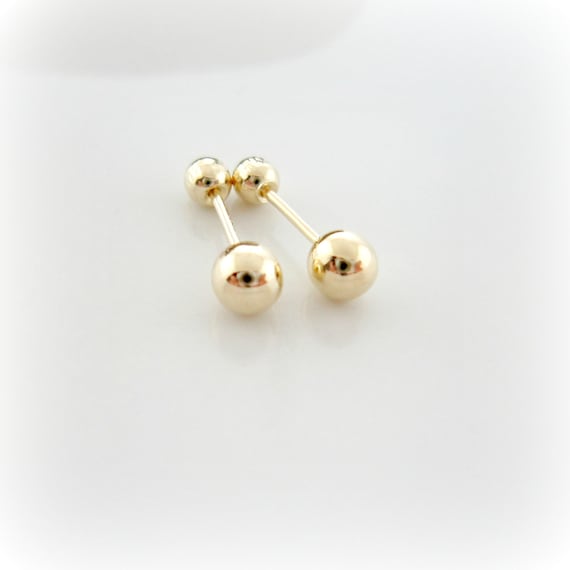 14K Solid Yellow Gold Shiny Bead Ball Baby Screw Back Earrings 4mm Gold Bead