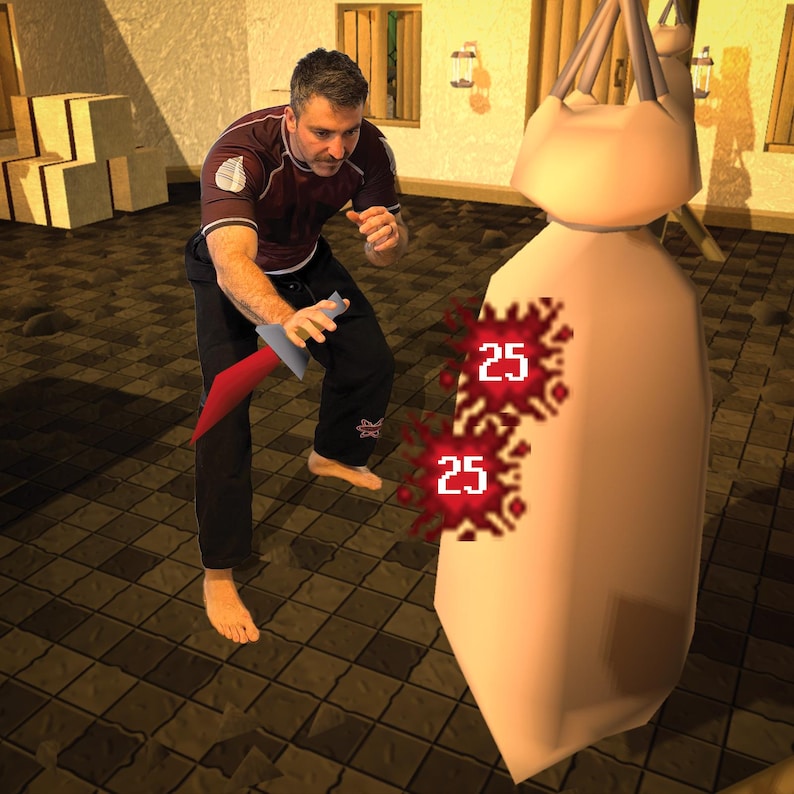 May include: A person in a red and black shirt is striking a punching bag with a knife. The bag has two red numbers, 25, on it.