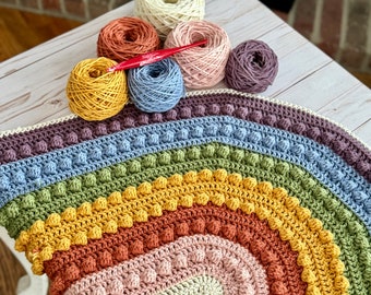 Crochet Cotton Rainbow Baby Blanket, Rainbow Baby Nursery Chunky Throw, Unisex Bobble Baby Blanket For Moses Basket, New Pregnancy Gift