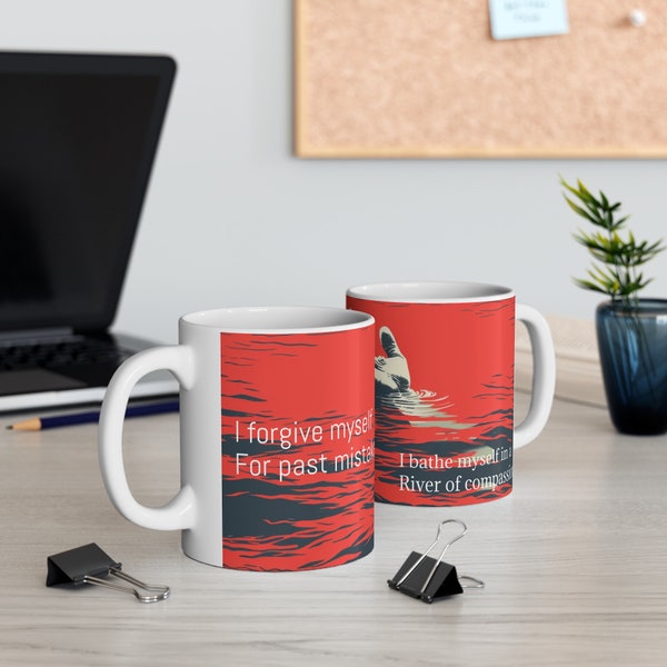 Drowning Hand Mug - I Forgive Myself for Past Mistakes, Bathing in a River of Compassion - Unique Ceramic Gift