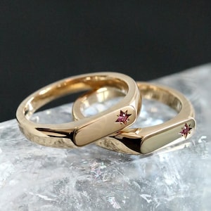 Ruby Gold Signet Engagement Ring Minimalist Square Statement Band Modern Ring Geometric Jewelry Solid Gold Ring Gift for Her Gold Plain Ring