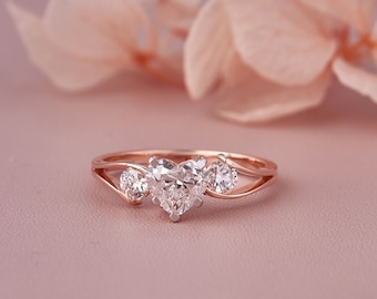 14K Rose Gold E Color VS1 IGI Certified 1 Heart Cut and 2 round cut Lab Grown Diamond Engagement Ring Wedding gift for her