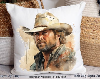 Toby Keith pillow original art watercolor portrait of Toby Keith, American legend and patriot R.I.P. Toby Keith   Toby Keith gifts
