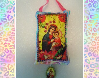 Madonna and Child rose scented sachet, OOAK original art fabric, Easter decor, door or drawer hanger, sachets, religious , Christian art