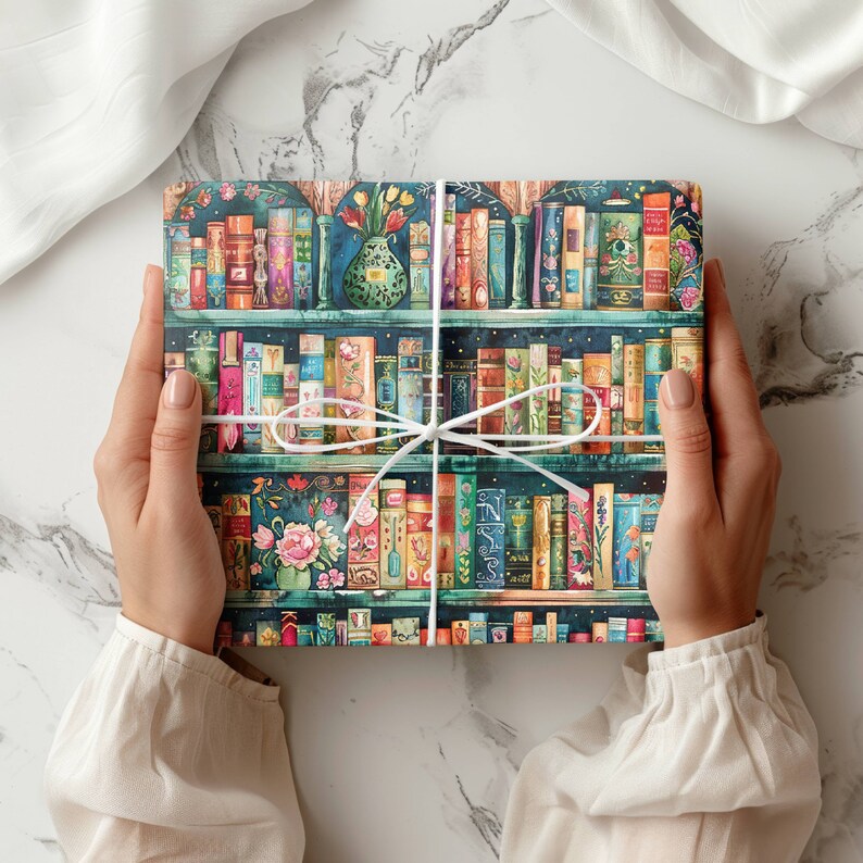 Book Wrapping Paper Roll Colorful Bookshelf Gift Wrap for Christmas Gift Wrapping for Book Lovers Birthday Gift Packaging for Librarians image 3