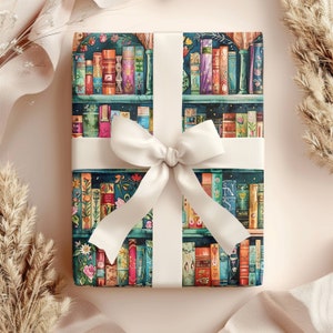 Book Wrapping Paper Roll Colorful Bookshelf Gift Wrap for Christmas Gift Wrapping for Book Lovers Birthday Gift Packaging for Librarians image 2