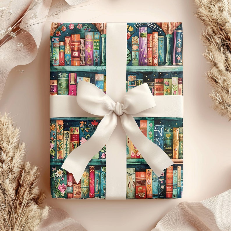 Book Wrapping Paper Roll Colorful Bookshelf Gift Wrap for Christmas Gift Wrapping for Book Lovers Birthday Gift Packaging for Librarians image 2