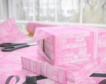 Book Wrapping Paper Roll Pastel Pink Bookshelf Gift Wrap for Christmas Gift Wrapping for Book Lovers Birthday Gift Packaging for Librarians