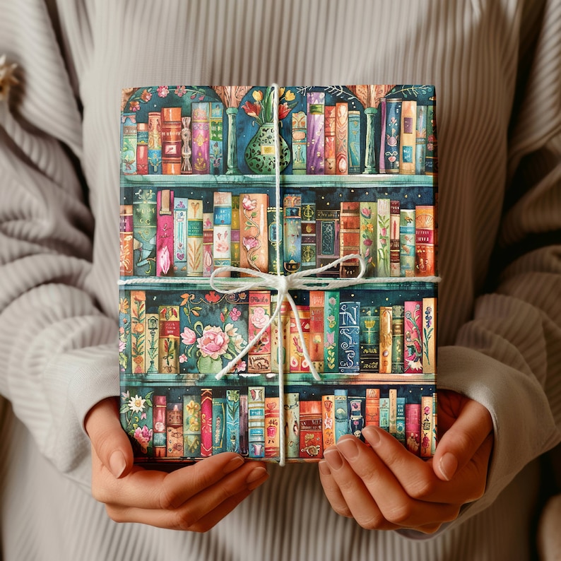 Book Wrapping Paper Roll Colorful Bookshelf Gift Wrap for Christmas Gift Wrapping for Book Lovers Birthday Gift Packaging for Librarians image 1