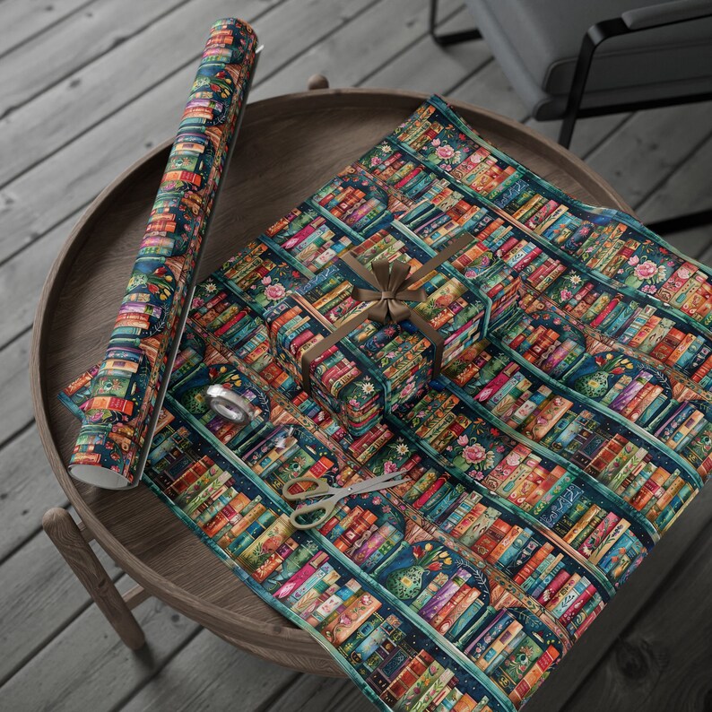 Book Wrapping Paper Roll Colorful Bookshelf Gift Wrap for Christmas Gift Wrapping for Book Lovers Birthday Gift Packaging for Librarians image 5