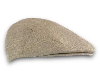 Custom Handmade Oatmeal Tan Linen Flat Jeff Cap, Ivy Cap, Driving Cap for Men, Women, and Children