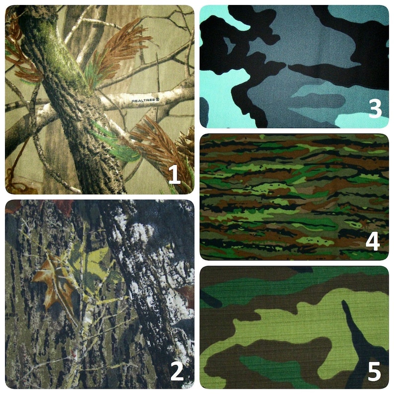 Puede incluir: Colecci&oacute;n de cinco patrones de tela de camuflaje. Los patrones incluyen dise&ntilde;os de bosque, corteza de &aacute;rbol y digitales en varios tonos de verde, marr&oacute;n, gris y azul. Las telas son adecuadas para ropa y equipo para exteriores.