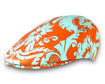 Custom Handmade Orange and Aqua Damask Print Cotton Jeff Cap, Flat Ivy Cap, Driving Cap