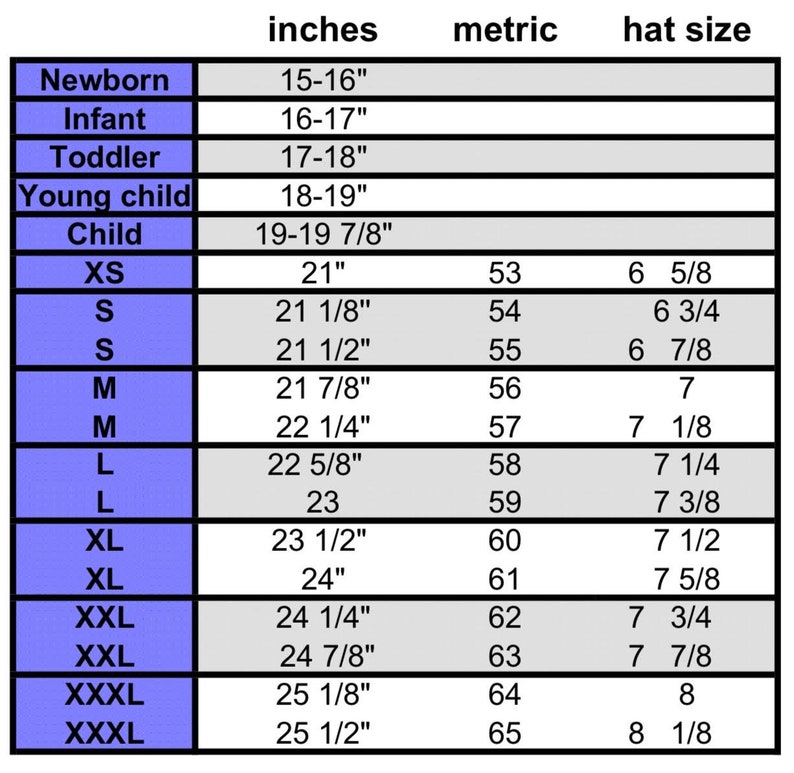 Puede incluir: Una tabla de tallas de sombreros con medidas en pulgadas, m&eacute;tricas (cm) y tallas de sombreros. Las tallas van desde Reci&eacute;n nacido (15-16 pulgadas) hasta XXXL (25 1/2 pulgadas). La tabla incluye las medidas m&eacute;tricas y tallas de sombreros correspondientes.
