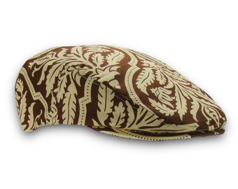 Custom Handmade Brown Damask Print Cotton Jeff Cap, Flat Ivy Cap, Driving Cap - in Joel Dewberry Aviary Rose Damask Chocolate Fabric