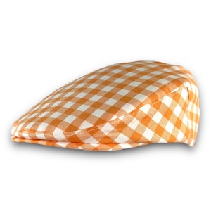 Custom Handmade Goldfish Orange and White Cotton Gingham Check Jeff Cap, Ivy Cap, Driving Cap for Men, Women, and Children