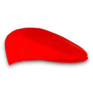 May include: A bright red flat cap with a slightly curved brim.