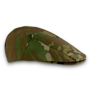 May include: A camouflage patterned flat cap with a slightly curved brim.