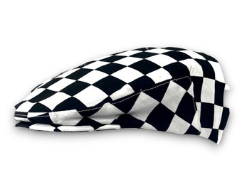 Custom Handmade  Novelty Racing Checkered Flag Inspired Print  Cotton Jeff Cap, Flat Ivy Cap, Driving Cap -