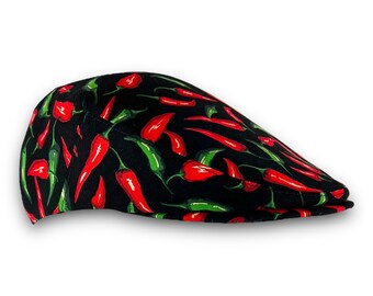 Custom Handmade Novelty Flat Cap Handmade to order in Red and Green Chili Pepper Print Cotton, Driving Cap