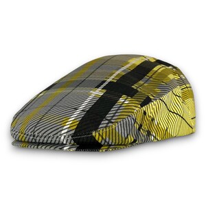 Custom Handmade Yellow Black and Grey Bader House Plaid Flat Cap Hat,  Jeff Cap