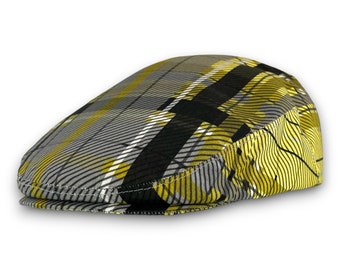 Custom Handmade Yellow Black and Grey Bader House Plaid Flat Cap Hat,  Jeff Cap