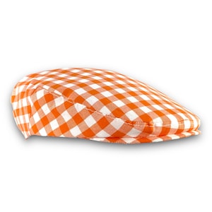 Custom Handmade Marmalade Orange and White Cotton Gingham Check Jeff Cap, Ivy Cap, Driving Cap for Men, Women, and Children