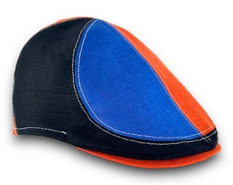 Custom Handmade to Order 6-Panel Colorblocked  Linen Flat Cap Driving Cap Contrast Panels - Custom Hats