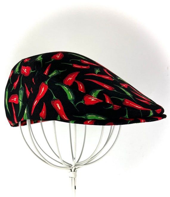 Custom Novelty Flat Cap Handmade to order in Red and Green Chili Pepper Print Cotton , Driving Cap