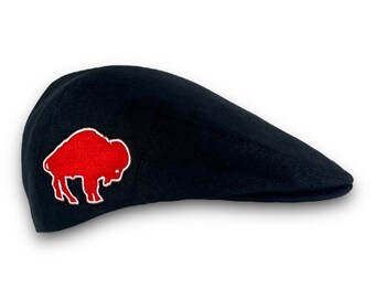 Custom Handmade Jeff Cap Made to Order in Navy Linen with Red Buffalo Patch