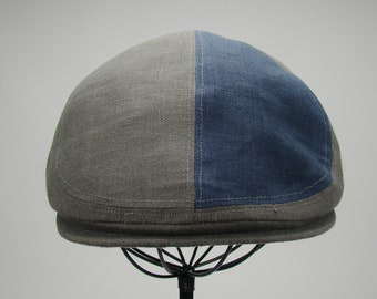 Custom Handmade  6-Panel Handmade Linen Flat Cap Driving Cap for Men in Elephant Grey With Navy Contrast Panel - Custom Hats