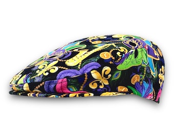 Custom Handmade  Novelty Mardi Gras Beads Inspired Print  Cotton Jeff Cap, Flat Ivy Cap, Driving Cap -