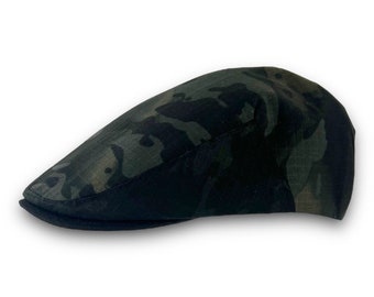 Custom Handmade  OOAK Custom Made Hat in Black Ripstop Multicam Nylon/Cotton Camouflage Flat Jeff Cap, Ivy Cap, Driving Cap