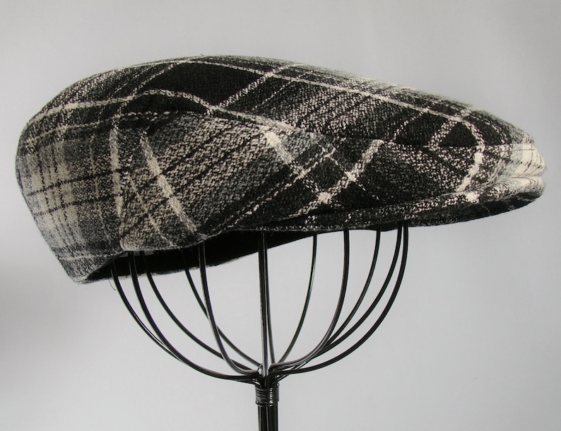 Men's Wool Hat Golf Cap in Black Grey & Ivory Plaid Flat Etsy