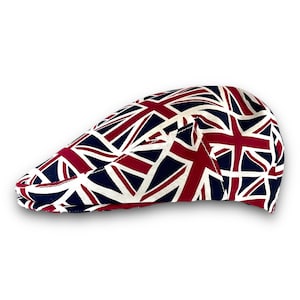 May include: A flat cap with a Union Jack pattern. The cap is made of a beige fabric with red, white, and blue accents.