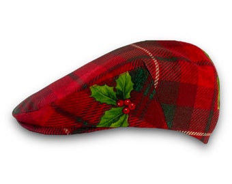 Holiday Christmas Holly Plaid Print Cotton Jeff Cap, Ivy Cap, Driving Cap for Men, Women, and Children - Handmade Custom Hats