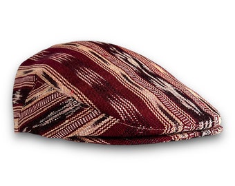 Custom Handmade Jeff Cap in Handwoven Merlot and Black Guatemalan Ikat fabric