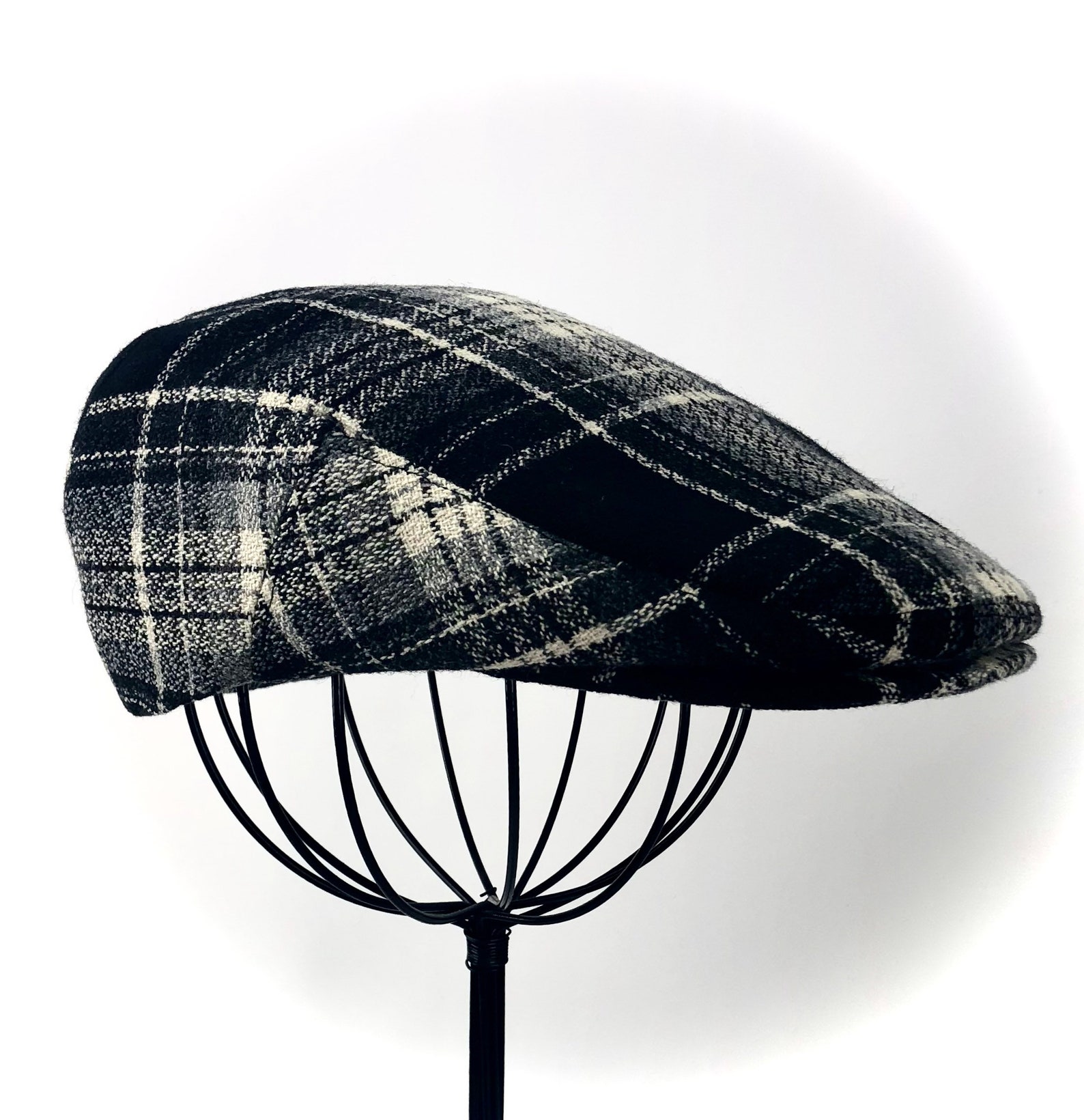Men's Wool Hat Golf Cap in Black Grey & Ivory Plaid Flat Etsy