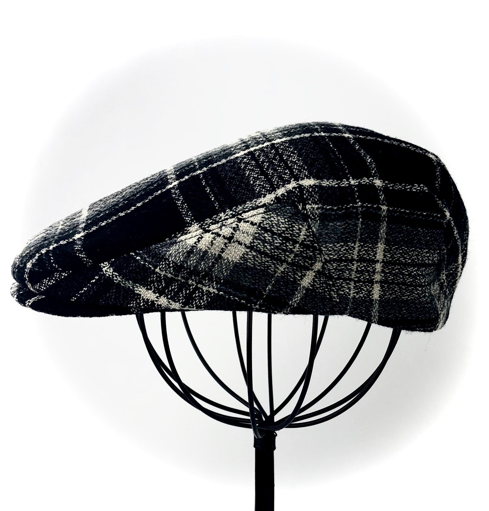Men's Wool Hat Golf Cap in Black Grey & Ivory Plaid Flat Etsy