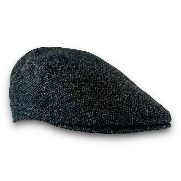 Black and Charcoal Grey Herringbone Wool Men's Sixpence Hat -  Flat Jeff Cap, Ivy Cap, Driving Cap for Men, Women, and Children