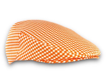 Custom Handmade Orange and White Cotton Gingham Check Jeff Cap, Ivy Cap, Driving Cap for Men, Women, and Children