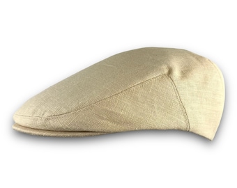 Custom Handmade Wheat Tan Linen Flat Jeff Cap, Ivy Cap, Driving Cap for Men, Women, and Children